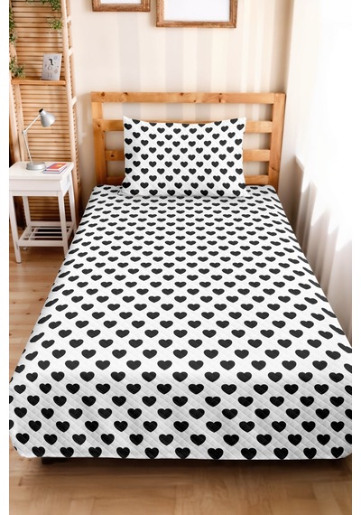 Siyah Kalp Desenli Genç Odası Tek Kişilik Dekoratif Pike Takımı - 160x220 Cm Kapitone Yatak Örtüsü Bohem Gökyüzü Hissi