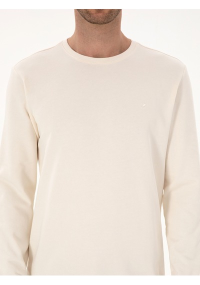 Ekru Regular Fit %100 Pamuk 3 İplik Bisiklet Yaka Sweatshirt Bej