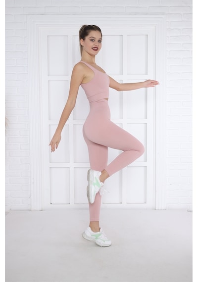 Escetic Kadın Spor Pembe Toparlayıcı, Yüksek Bel Fitnes Bra Şort-tayt Takım-4312 - Xs