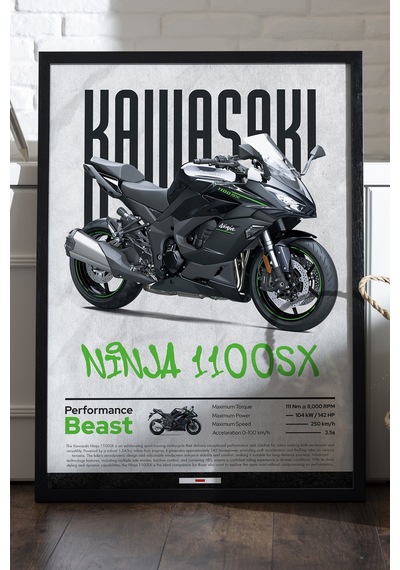 Kawasaki Ninja 1100 Sx Siyah Ahşap Çerçeveli Poster, Dekoratif Motosiklet Duvar Tablosu