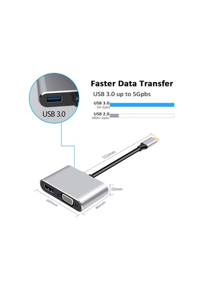 Lunatic 8053 4in1 Usb C Hdmı Vga Adaptörü, Usb C Hub, 4k Hdmı, 1080p Vga, Usb 3.0, Usb C Pd Şarj, Bütün Marka Modellere Uyumlu