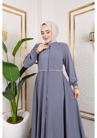 Nevayla Moda Yaka Ve Bel Nakış Detaylı Ferace - Gri / F0143 Gri
