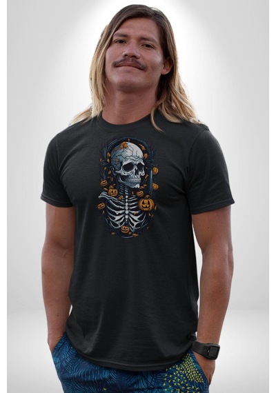 Cadılar Bayramı Kuru Kafa Unisex Unisex Siyah Organik Baskılı T-shirt Penye Yüksek Kalite Siyah