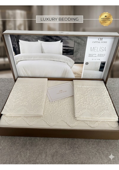 Capital Home Dantelli Çift Kişilik Nevresim Takımı 4 Lü Set Krem