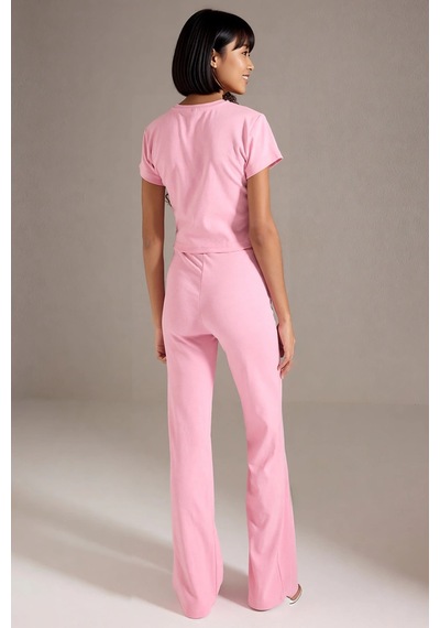Benerly Kadın Büyük Beden Crop Top Ispanyol Paça Takım Bisiklet Yaka Kısa Pembe