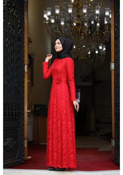 İbrahim Burak Etiler Collection Ahunisa Henna Abiye Kırmızı 5646