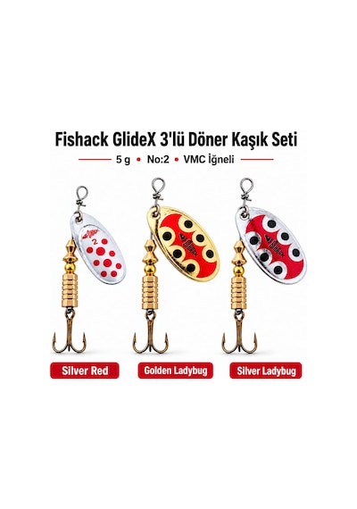 Fishack Glidex 3'lü Döner Kaşık Seti 5 G No:2 Silver Red Ve Ladybug