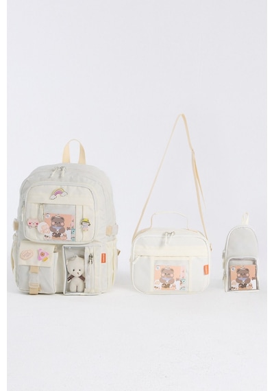 Kawaii Kore Tarzı Aksesuarlı 3'lü Set Çocuk İlkokul Çantası Kalemlikli Beslenme Çantalı Sırt Çantası Krem