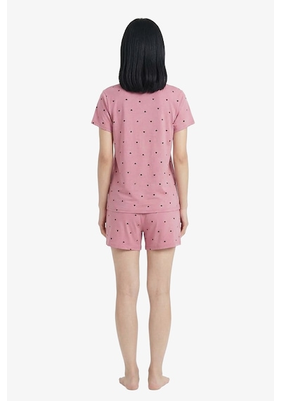 Cottonhill Pembe Kalp Desenli Yumuşak Dokulu Gömlek Yaka Kadın Şortlu Pijama Takımı Gül Pembe