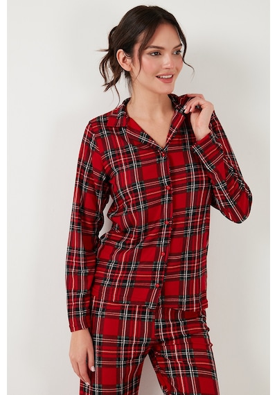 Lela Streç Regular Fit Apaş Yaka Beli Lastikli Bayan Pijama Takımı 65720501 Kırmızı-Yeşil