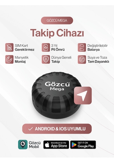 Gözcü Mobil Mega Takip Cihazı Ios Android Uyumlu Motor Araç Taşıt Gps Cihazı Su Geçirmez 5-10 Dakika Aralıklı