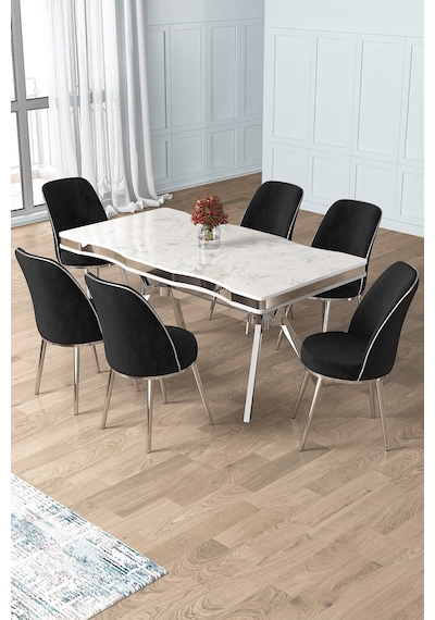 Canisa Prah Serisi 90x160 Lak Panel Beyaz Mermer Desen Krom Ayak Masa Takımı 6 Siyah Sandalye Beyaz Mermer Desen Masa Sandalyeler Siyah Canisa Prah Serisi 90x160 Lak Panel Beyaz Mermer Desen Krom Ayak Masa Takımı 6 Siyah Sandalye Beyaz Mermer Desen Masa Sandalyeler Siyah