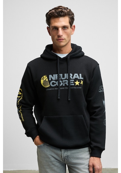Grımelange Cornelıus Erkek Önü Ve Kolları Baskılı Kapüşonlu Kordonlu Kanguru Cepli Siyah Sweatshirt Siyah