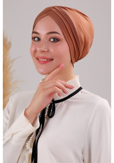 Melodi Scarf Kadın Üç Bantlı Çapraz Hazır Türban Dış Bone Taba Taba