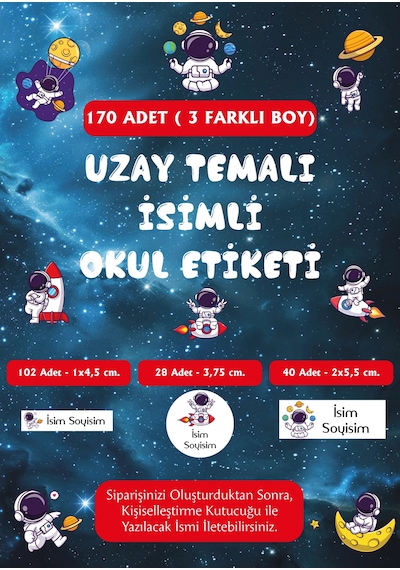 Uzay Temalı İsimli Okul Etiketi - 170 Adet Lacivert