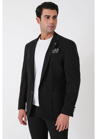 Comfort Fit Çift Yırtmaç Torba Cep Metal Düğmeli Siyah-1 Blazer Ceket C 734 Siyah -1