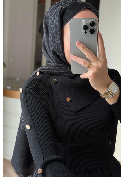 Kahijab Asimetrik Yaka Truvakar Kol Triko Bluz - Siyah