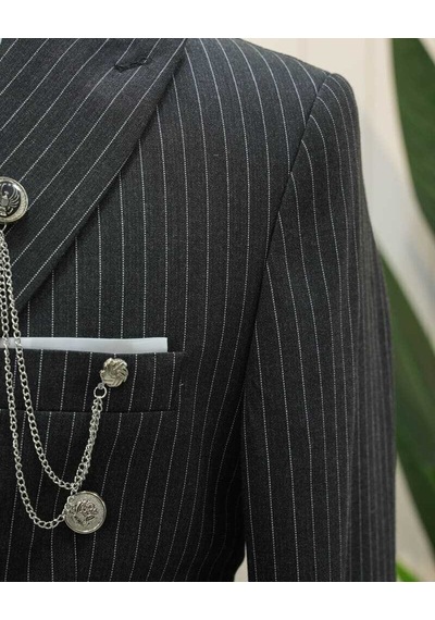 Beystil Sivri Yaka Siyah Çizgili Kruvaze Takım Elbise Bezayak036- Slim Fit Siyah