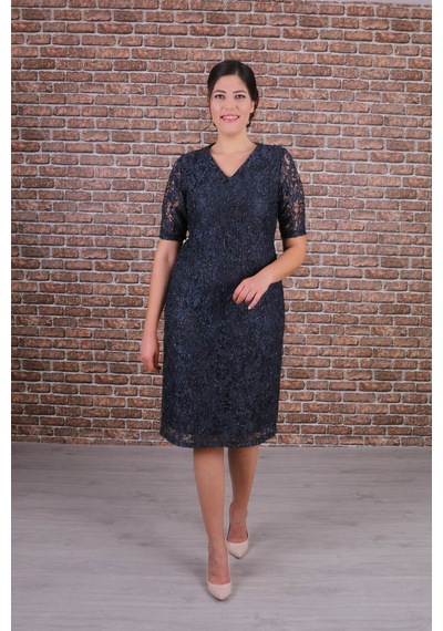 Nidya Moda Büyük Beden Kadın Gri Dantel Elbise-4161G Gri
