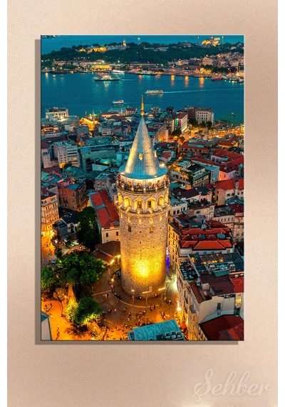 Kanvas Tablo İstanbul'daki Galata Kulesi Gece Manzarası Dikey Salon Tablosu - 4800 Çok Renkli