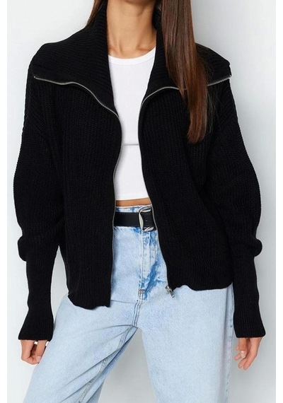 Ersefa Kadın Modern Tarz Oversize Devrik Yaka Regular Triko Hırka Siyah