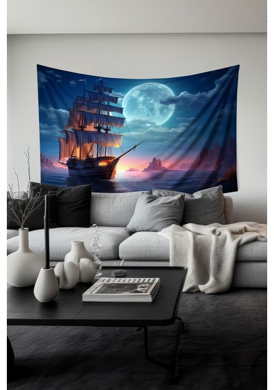 Ay Işığı Yelkenli Desenli Duvar Halısı Duvar Örtüsü Tapestry Süet Dokulu Kumaş