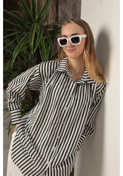 Chıcnhappy Poplin Kalın Çizgi Kadın Gömlek Siyah 24pn50610147 Siyah