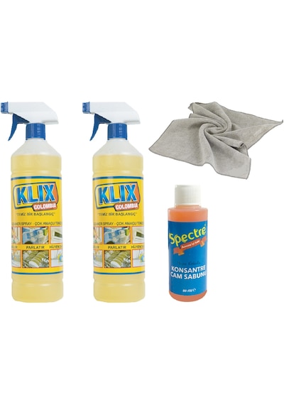 Klix Colombia Temizleyici 2 Adet + Mikrofiber Bez + Spectre Cam Sabunu Araba Seti Klix Colombia Temizleyici 2 Adet + Mikrofiber Bez + Spectre Cam Sabunu Araba Seti