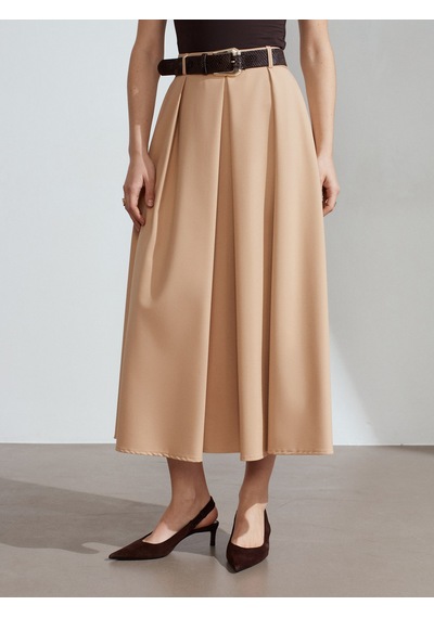 Dilvin 81074 Kemerli Pileli Midi Etek-camel