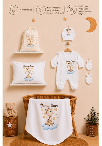 Pia Baby Erkek Bebek İsimli Hastane Çıkışı 6 Parça Tulum Şapka Eldiven %100 Pamuk Hediye Seti 1114tybk3x Krem