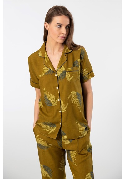 Türen 3604 Kadın Kısa Kollu Dokuma Gömlek Pijama Takım-haki Haki