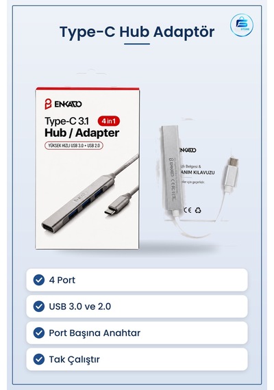 Type-c Hub Adaptör 4 Port Usb 3.0 Ve 2.0 Anahtarlı Dizüstü Bilgis