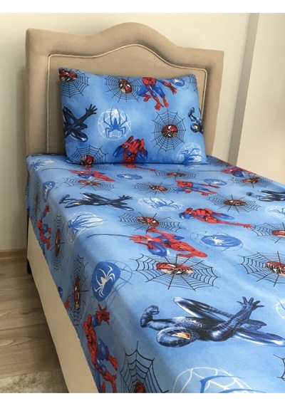 Lionas Tek Kişilik Ranforce Kumaş Lastiksiz Çarşaf Takımı Spiderman Mavi
