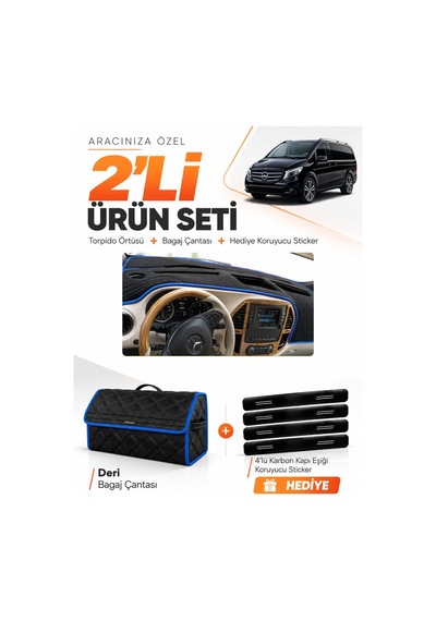 Mercedes Vito W447 2014-2021 Uyumlu Torpido Örtüsü + Deri Bagaj Çantası + Sticker - Siyah Mavi