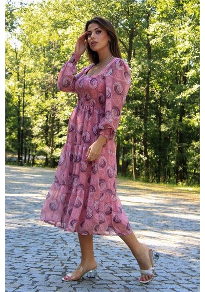 Neşeli Butik Kadın Pudra Gipeli Kare Yaka Desenli Şifon Elbise Nb100361 Pudra