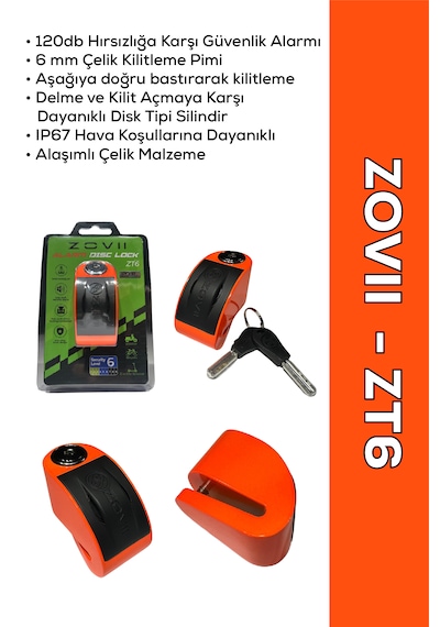 Zt6 Turuncu 120 Db Alarmlı Motosiklet Disk Kilidi Ip67, Su Geçirmez, Çelik Güvenlik Kilidi Disk Kilidi