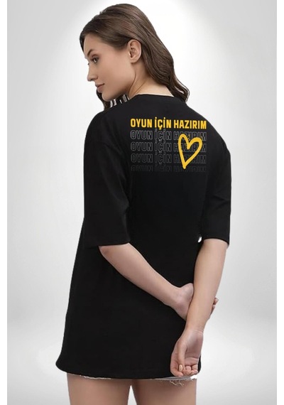 Oyun İçin Hazırım Kalp Siyah Oversize Unisex Ön Ve Sırt Baskılı Tişört Siyah