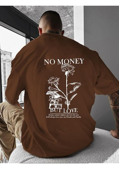 No Money Baskılı Oversize Tişört Kahverengi