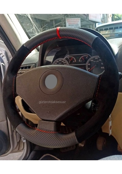 Fiat Panda Uyumlu Dikmeli Direksiyon Kılıfı Alkantara Karbon Kırmızı Yüzüklü