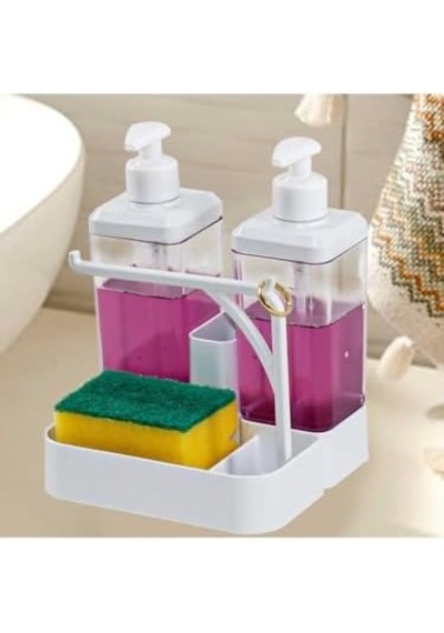 İkili Sıvı Sabunluk Ve Seti - Yüzük Bez Askılı Sünger Hazneli 2x350 Ml 2li Sıvı Sabunluk 000 Açık Krem