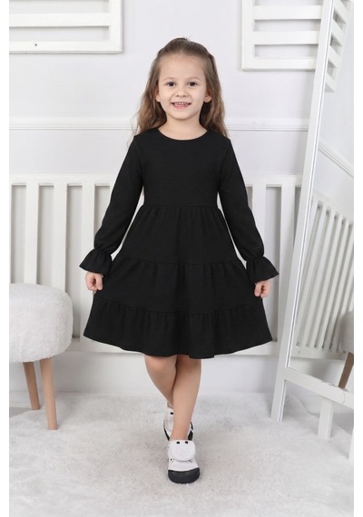 New Kids Kız Çocuk Uzun Kol Elbise Kol Fırfır Manşetli Etek Fırfır Detaylı Syh Yeni Sezon -91239 Siyah