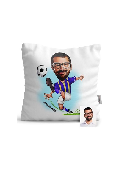 Kişiye Özel Futbolcu Sarı Lacivert Karikatür Saten Yastık - 1