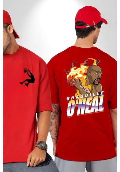 Basketbol Shaquille Oneal Star Ateş Topu Kırmızı Oversize Unisex Ön Ve Sırt Baskılı Tişört Kırmızı