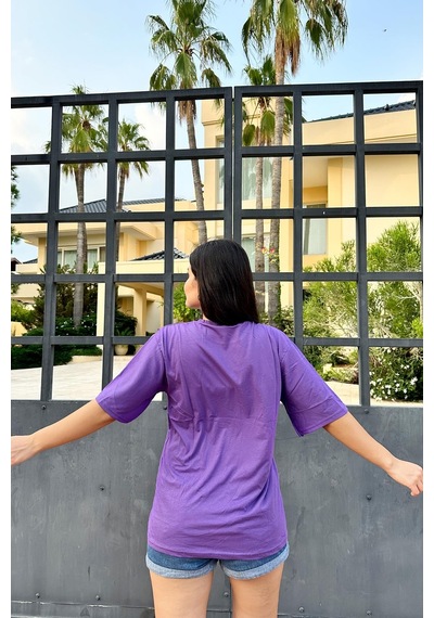 Mor Renk Love Baskı Nakış Desenli Unisex Oversize T-shirt Mor