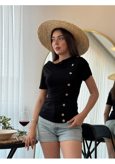 Efnaz Style Kadın Kısa Kollu Degaje Yaka Düğme Detay Viskon Bluz siyah
