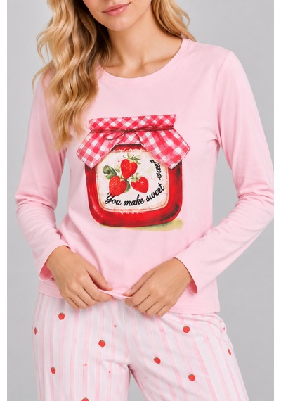 Pijamask Kadın Pembe Çilek Reçeli Baskılı Çizgili Bol Paça Pamuklu Pijama Takımı Pudra