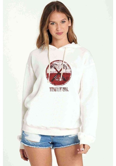Pinkfloyd Beyaz Baskılı Beyaz Kadın Kapşonlu Sweatshirt