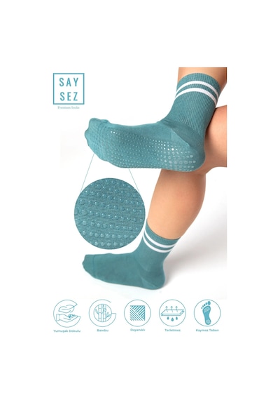 Saysez Bambu Kadın Kaydırmaz Taban Silikon Baskı Pilates Yoga Fitness Dans Aktivite Tenis Çorabı / Su Yeşil Renkli