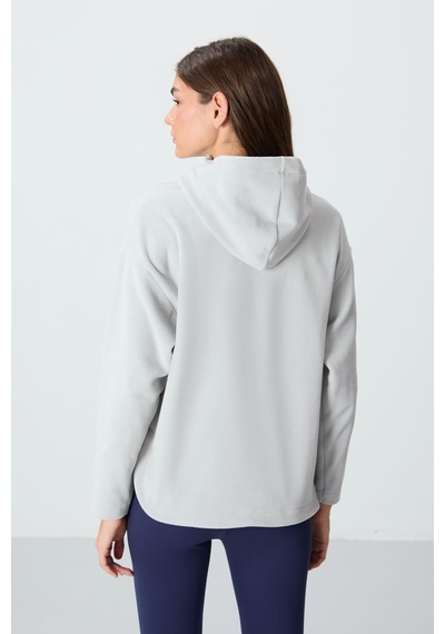 Tommy Life Taş Kalın Yumuşak Dokulu Kapüşonlu Oversize Nakışlı Polar Kadın Sweatshirt -97286 Taş