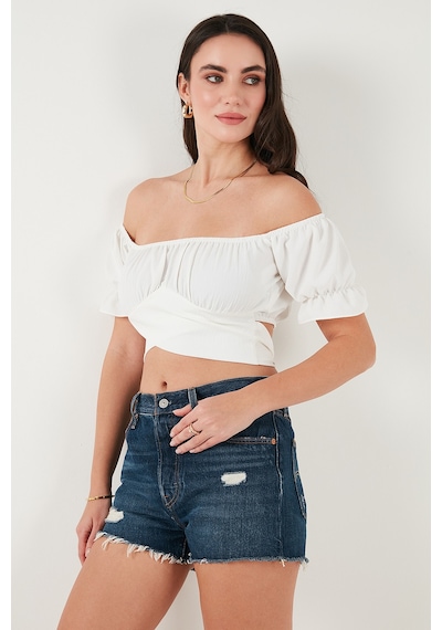 Lela Regular Fit Madonna Yaka Bağlama Detaylı Crop Bayan Bluz 6527017 Beyaz